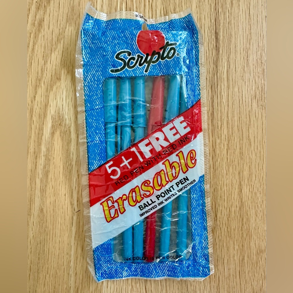 Vintage Scripto Erasable Ballpoint Pens - New / Sealed - 5 Blue Pens & 1 Red Pen